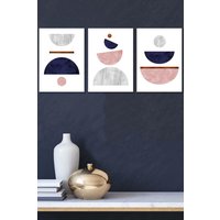 ARTZE Navy, Pink & Grey Abstract Mid Century Geometric Framed Wall Art - Medium in White | Size: W45 cm x H62 cm x D20mm