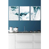 ARTZE Teal Blue Abstract Ocean Waves Framed Wall Art - Medium in White | Size: W45 cm x H62 cm x D20mm