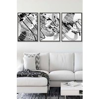 ARTZE Set of 3 Black Framed Abstract Watercolour in Black & Grey Wall Art in Dark Grey | Size: W45 cm x H62 cm x D20mm
