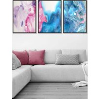 ARTZE Set of 3 Black Framed Abstract Fluid Marble in Blue & Pink Wall Art | Size: W45 cm x H62 cm x D20mm