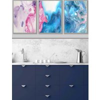 ARTZE Set of 3 Light Grey Framed Abstract Fluid Marble in Blue & Pink Wall Art | Size: W45 cm x H62 cm x D20mm
