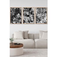 ARTZE Set of 3 Oak Framed Abstract Wild Garden Flowers in Black & Grey Wall Art | Size: W33 cm x H45 cm x D20mm