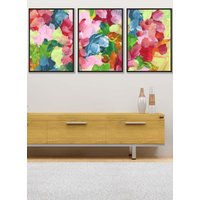 ARTZE Set of 3 Black Framed Abstract Wild Garden Flowers in Blue & Pink Wall Art | Size: W53 cm x H73 cm x D20mm