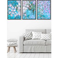 ARTZE Set of 3 Black Framed Abstract Cottage Garden Flowers in Blue Wall Art in Bright Blue | Size: W33 cm x H45 cm x D20mm