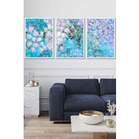 ARTZE Set of 3 White Framed Abstract Cottage Garden Flowers in Blue Wall Art in Bright Blue | Size: W45 cm x H62 cm x D20mm