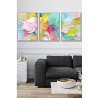 ARTZE Set of 3 Light Grey Framed Abstract Bright Painted Fractal Wall Art | Size: W33 cm x H45 cm x D20mm