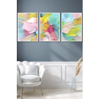 ARTZE Set of 3 White Framed Abstract Bright Painted Fractal Wall Art | Size: W53 cm x H73 cm x D20mm