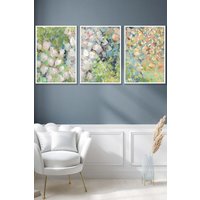 ARTZE Set of 3 White Framed Abstract Cottage Garden Flowers in Green Wall Art | Size: W33 cm x H45 cm x D20mm