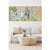 ARTZE Set of 3 Oak Framed Abstract Cottage Garden Flowers in Green Wall Art | Size: W45 cm x H62 cm x D20mm