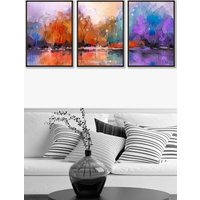 ARTZE Set of 3 Black Framed Abstract Purple Orange Violet Dawn Wall Art | Size: W33 cm x H45 cm x D20mm