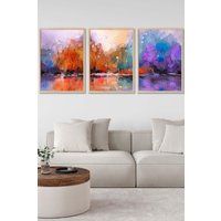 ARTZE Set of 3 Oak Framed Abstract Purple Orange Violet Dawn Wall Art | Size: W45 cm x H62 cm x D20mm