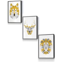 ARTZE Geometric Yellow Grey Animal Heads Framed Wall Art - Small in Dark Grey | Size: W33 cm x H45 cm x D20mm