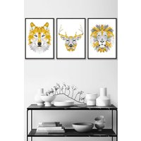 ARTZE Geometric Yellow Grey Animal Heads Framed Wall Art - Medium in Black | Size: W45 cm x H62 cm x D20mm