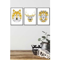 ARTZE Geometric Yellow Grey Animal Heads Framed Wall Art - Medium in Dark Grey | Size: W45 cm x H62 cm x D20mm