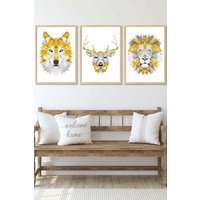ARTZE Geometric Yellow Grey Animal Heads Framed Wall Art - Large in Light Oak | Size: W53 cm x H73 cm x D20mm