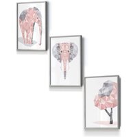 ARTZE Geometric Pink Grey Elephant Set Framed Wall Art - Small in Light Grey | Size: W33 cm x H45 cm x D20mm