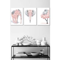 ARTZE Geometric Pink Grey Elephant Set Framed Wall Art - Medium in White | Size: W45 cm x H62 cm x D20mm