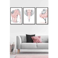 ARTZE Geometric Pink Grey Elephant Set Framed Wall Art - Large in Black | Size: W53 cm x H73 cm x D20mm