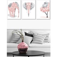 ARTZE Geometric Pink Grey Elephant Set Framed Wall Art - Large in White | Size: W53 cm x H73 cm x D20mm