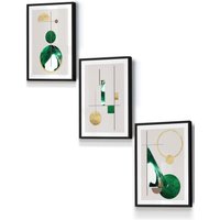 ARTZE Abstract Textured Geometric Art in Green & Gold Framed Wall Art - Small in Black | Size: W33 cm x H45 cm x D20mm