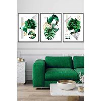 ARTZE Abstract Green Gold Botanical Framed Wall Art - Large in Dark Grey | Size: W53 cm x H73 cm x D20mm
