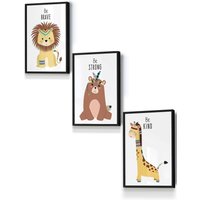 ARTZE Nursery Tribal Lion, Bear, Giraffe Quote Prints Framed Wall Art - Small in Black | Size: W33 cm x H45 cm x D20mm