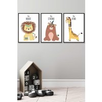 ARTZE Nursery Tribal Lion, Bear, Giraffe Quote Prints Framed Wall Art - Large in Black | Size: W53 cm x H73 cm x D20mm