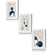 ARTZE Abstract Textured Geometric Art in Navy Blue & Gold Framed Wall Art - Small in White | Size: W33 cm x H45 cm x D20mm