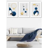 ARTZE Abstract Textured Geometric Art in Navy Blue & Gold Framed Wall Art - Large in White | Size: W53 cm x H73 cm x D20mm