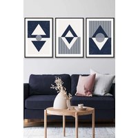 ARTZE Set of 3 Black Framed Mid Century Geometric Navy Blue Diamonds Wall Art | Size: W53 cm x H73 cm x D20mm