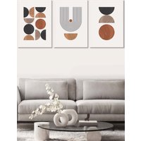 ARTZE Set of 3 White Framed Mid Century Geometric in Black & Brown Wall Art in Terracotta | Size: W53 cm x H73 cm x D20mm