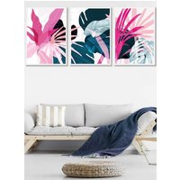 ARTZE Set of 3 White Framed Abstract Pink & Blue Tropical Triptych Wall Art | Size: W45 cm x H62 cm x D20mm