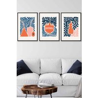 ARTZE Set of 3 Black Framed Pink & Navy Blue Boho Graphical Botanical Wall Art | Size: W45 cm x H62 cm x D20mm