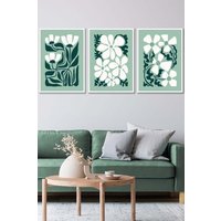 ARTZE Set of 3 White Framed Green & White Boho Abstract Floral Wall Art | Size: W33 cm x H45 cm x D20mm