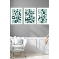 ARTZE Set of 3 White Framed Boho Abstract Green & White Floral Wall Art | Size: W33 cm x H45 cm x D20mm