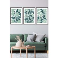 ARTZE Set of 3 Black Framed Boho Abstract Green & White Floral Wall Art | Size: W45 cm x H62 cm x D20mm