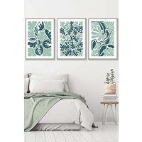 ARTZE Set of 3 Light Grey Framed Boho Abstract Green & White Floral Wall Art | Size: W45 cm x H62 cm x D20mm