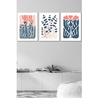 ARTZE Set of 3 White Framed Boho Abstract Blue & Pink Floral Wall Art in Navy | Size: W45 cm x H62 cm x D20mm