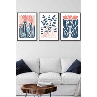 ARTZE Set of 3 Black Framed Boho Abstract Blue & Pink Floral Wall Art in Navy | Size: W53 cm x H73 cm x D20mm