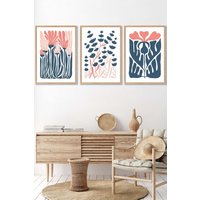 ARTZE Set of 3 Oak Framed Boho Abstract Blue & Pink Floral Wall Art in Navy | Size: W53 cm x H73 cm x D20mm