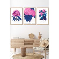 ARTZE Set of 3 Oak Framed Pink & Navy Blue Flower Market Posies Wall Art | Size: W53 cm x H73 cm x D20mm