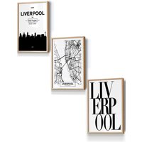 ARTZE LIVERPOOL Skyline Street Map City Prints Framed Wall Art - Small in Light Oak | Size: W33 cm x H45 cm x D20mm