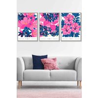 ARTZE Set of 3 Light Grey Framed Navy Blue & Pink Flower Market Bouquets Wall Art | Size: W45 cm x H62 cm x D20mm