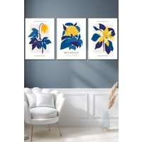 ARTZE Set of 3 White Framed Navy Blue & Yellow Flower Market Wall Art | Size: W33 cm x H45 cm x D20mm