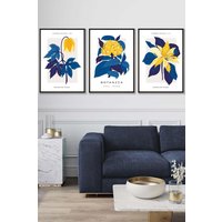 ARTZE Set of 3 Black Framed Navy Blue & Yellow Flower Market Wall Art | Size: W53 cm x H73 cm x D20mm