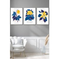 ARTZE Set of 3 Light Grey Framed Navy Blue & Yellow Flower Market Wall Art | Size: W53 cm x H73 cm x D20mm