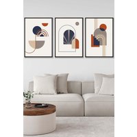 ARTZE Set of 3 Black Framed Mid Century Terracotta, Beige & Navy Blue Arches Wall Art in Terracotta | Size: W33 cm x H45 cm x D20mm
