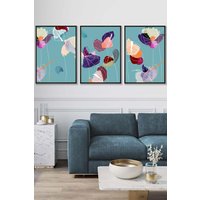 ARTZE Set of 3 Black Framed Graphical Colourful Spring Flowers Triptych Wall Art | Size: W53 cm x H73 cm x D20mm