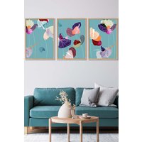 ARTZE Set of 3 Oak Framed Graphical Colourful Spring Flowers Triptych Wall Art | Size: W53 cm x H73 cm x D20mm