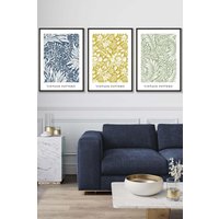 ARTZE Set of 3 Black Framed Blue Yellow Green William Morris Vintage Floral Wall Art | Size: W33 cm x H45 cm x D20mm